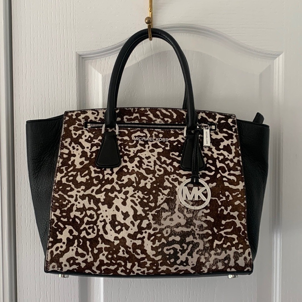 Michael Kors Calf Hair handbag animal print leather tote bag black brown